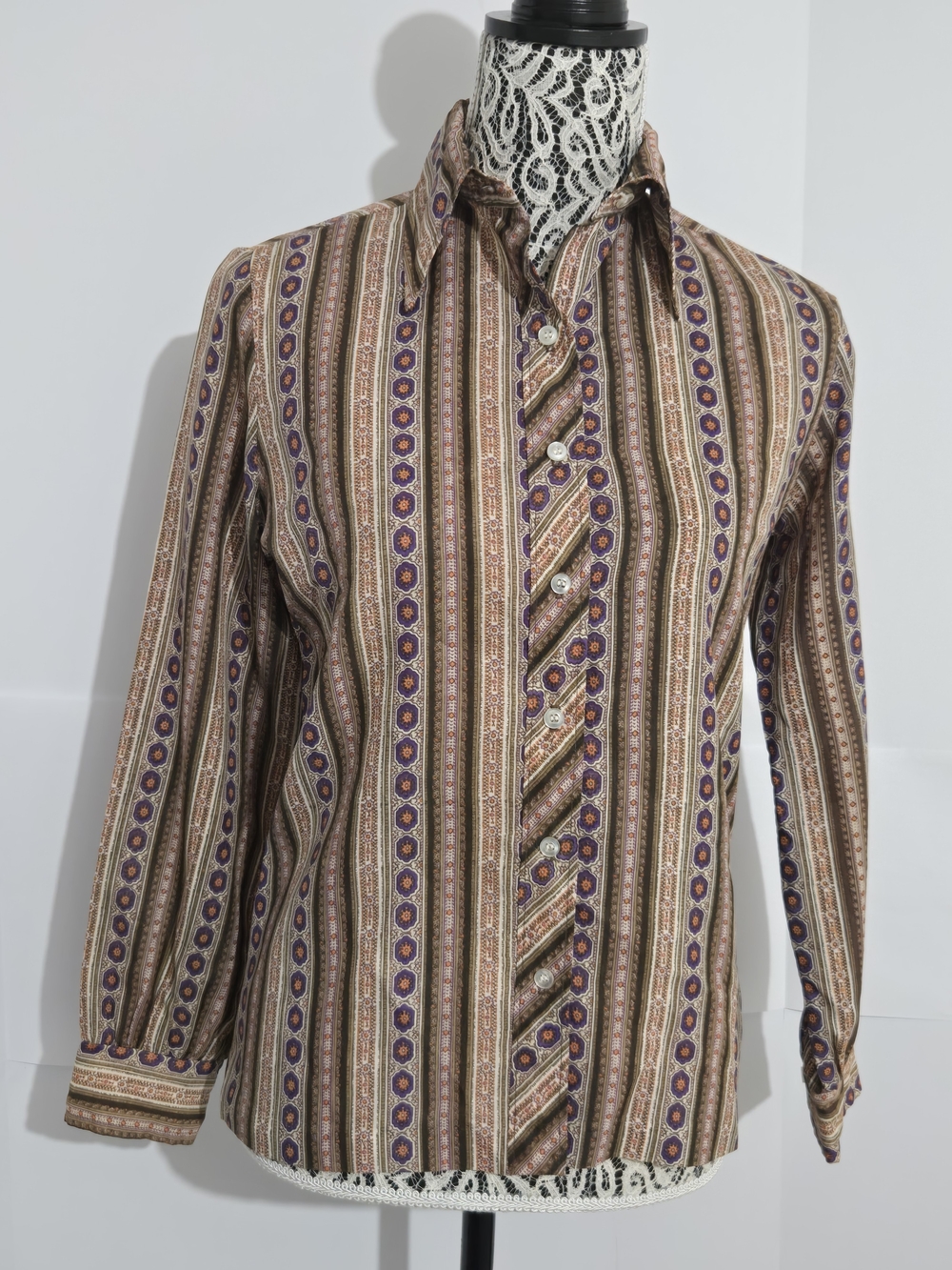 Striped Button-Front Blouse in Brown and Purple